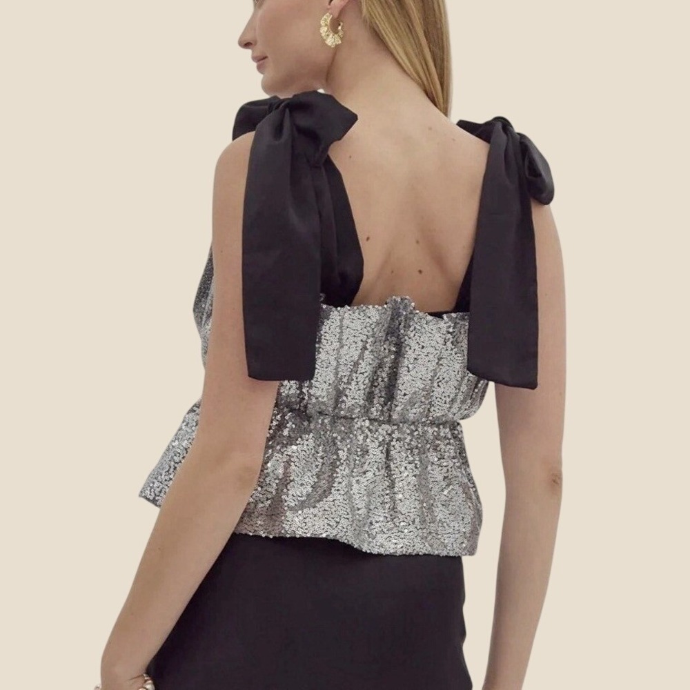 Sequin Peplum Tank NEW Womens Med Silver Black Bow Ruffled Sparkly Party Formal